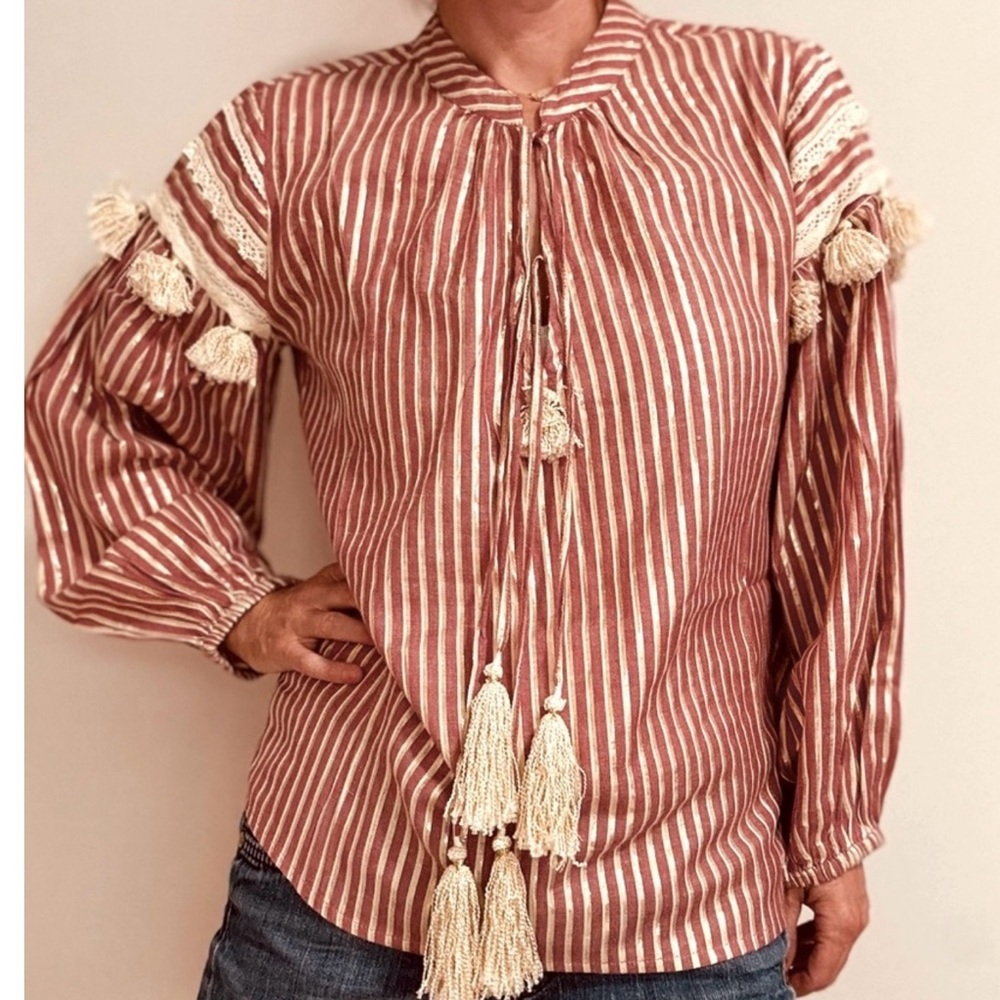 New Miss June 3/4 Sleeve Blouse in Raspberry Stripe.